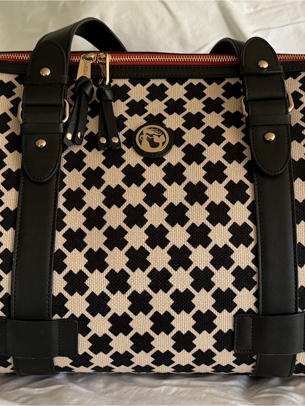 Spartina 449 Black and Cream Geometric Canvas Satchel with Leather Trim
